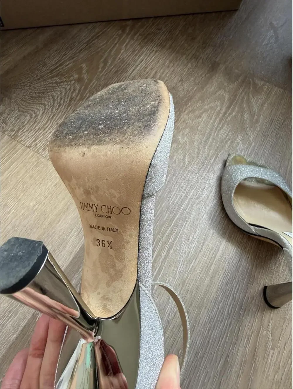 Jimmy Choo Reon 100 silver glitter heels